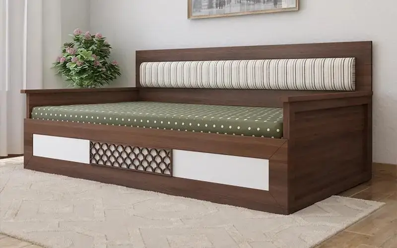 A wooden sofa bed