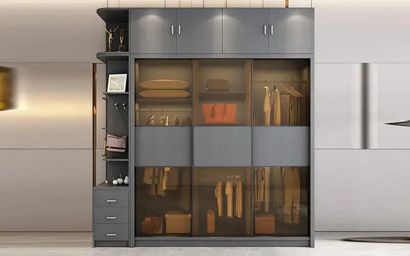 3 door wardrobe with cabinets, shelves and drawers