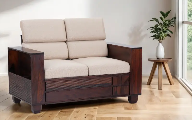 Wooden Sofa Two Seater with Beige Color Cushion